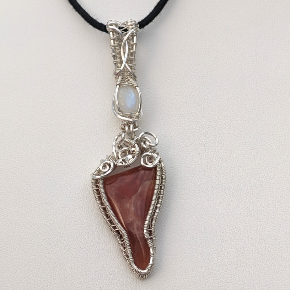 Sterling Silver Moonstone And Strawberry Rhodochrosite Pendant Necklace Handmade - Picture 8 of 17